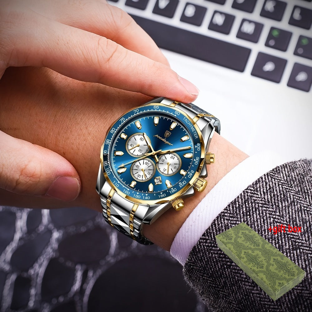Herr lyxklocka med blå urskiva, inbyggd kalender och armband i rostfritt stål – elegant och mångsidig för affärer, vardag och speciella tillfällen, formell och avslappnad stil.